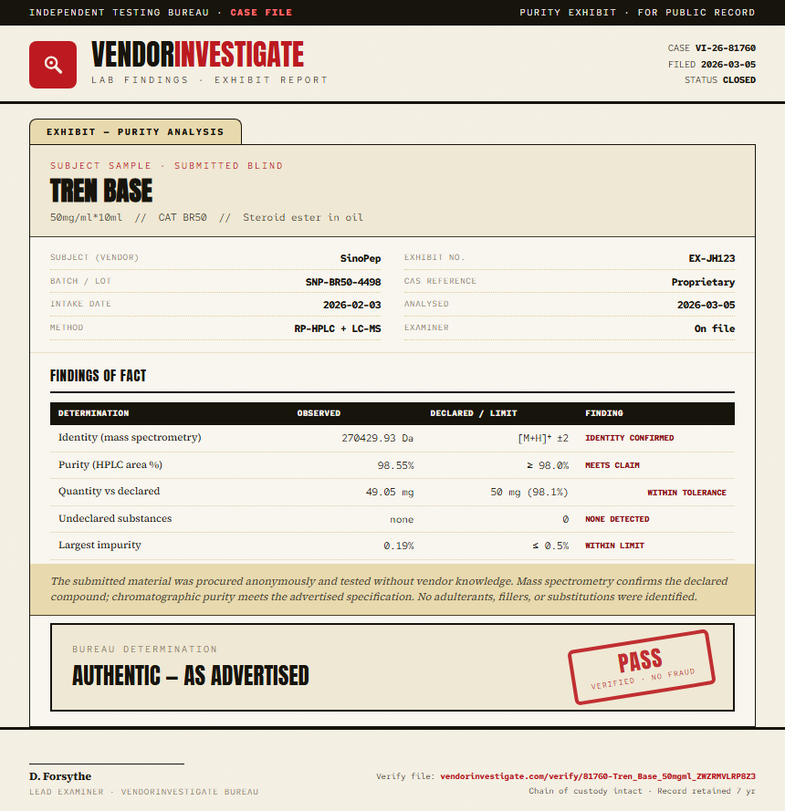 Tren Base Purity (HPLC) report by VendorInvestigate