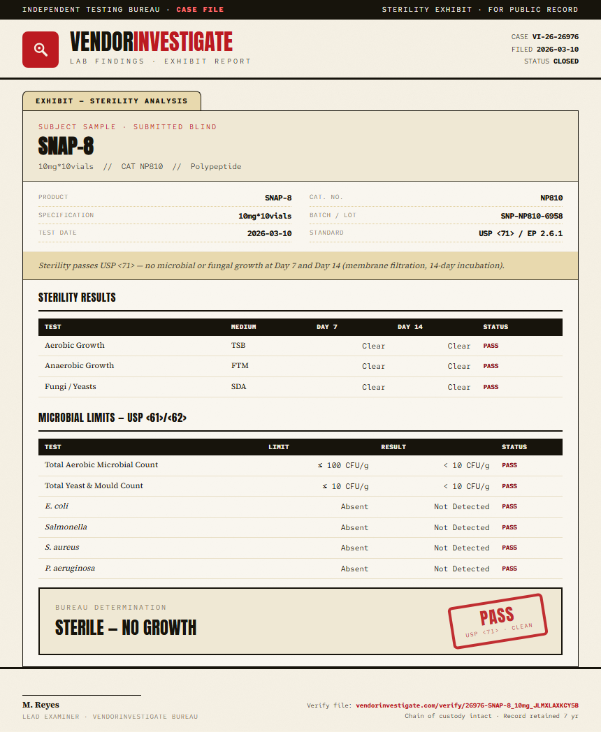 SNAP-8 Sterility report by VendorInvestigate